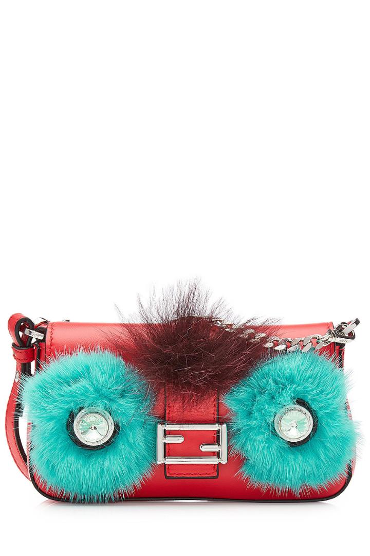 Fendi Fendi Micro Baguette Leather Shoulder Bag With Fur