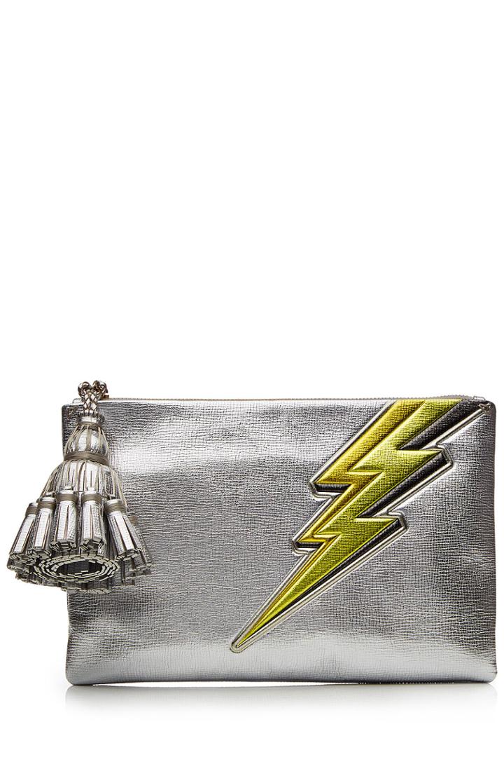 Anya Hindmarch Anya Hindmarch Georgiana Lightning Bolt Leather Clutch - Silver