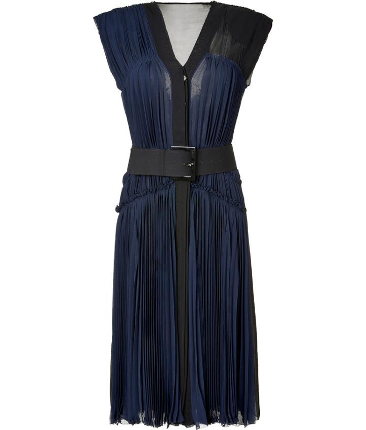 Donna Karan Ink Pleated Silk Chiffon Dress With Belt