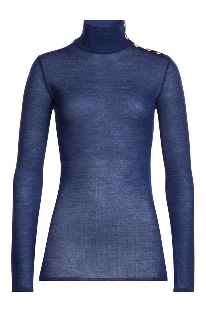 Balmain Balmain Wool Turtleneck Pullover With Embossed Buttons - Blue