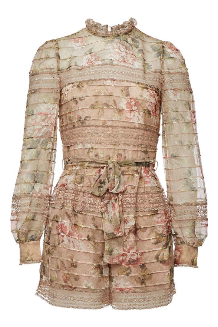Zimmermann Zimmermann Fleeting Pintuck Printed Silk Chiffon Playsuit