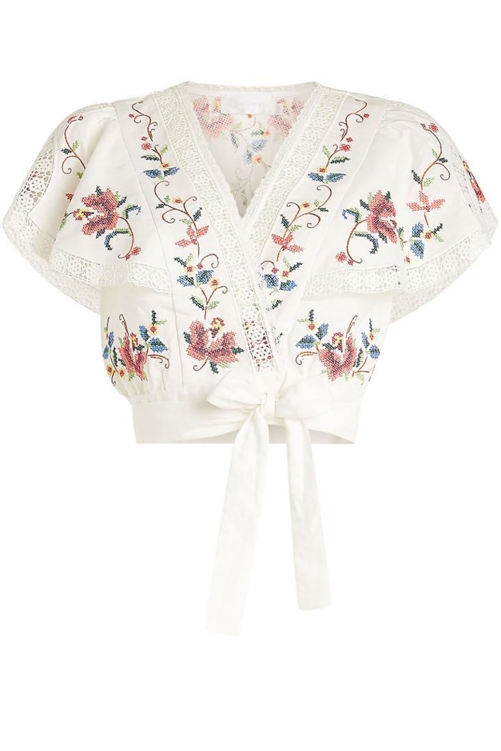 Zimmermann Zimmermann Laelia Embroidered Linen-cotton Cropped Top