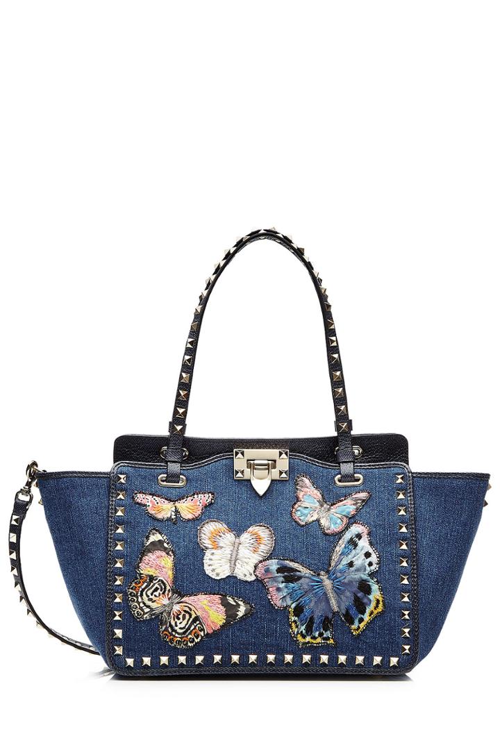 Valentino Valentino Embroidered Denim Rockstud Mini Tote With Shoulder Strap - Blue