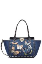 Valentino Valentino Embroidered Denim Rockstud Mini Tote With Shoulder Strap - Blue