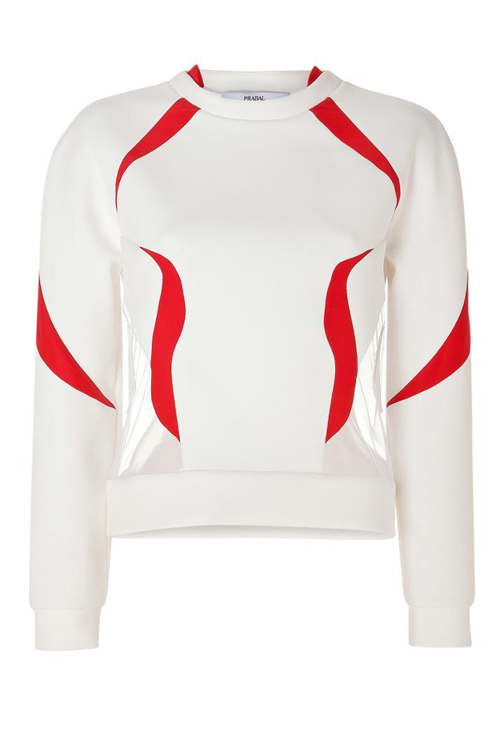 Prabal Gurung Prabal Gurung Neoprene Sweatshirt With Tulle Inserts In White/vermilion - None