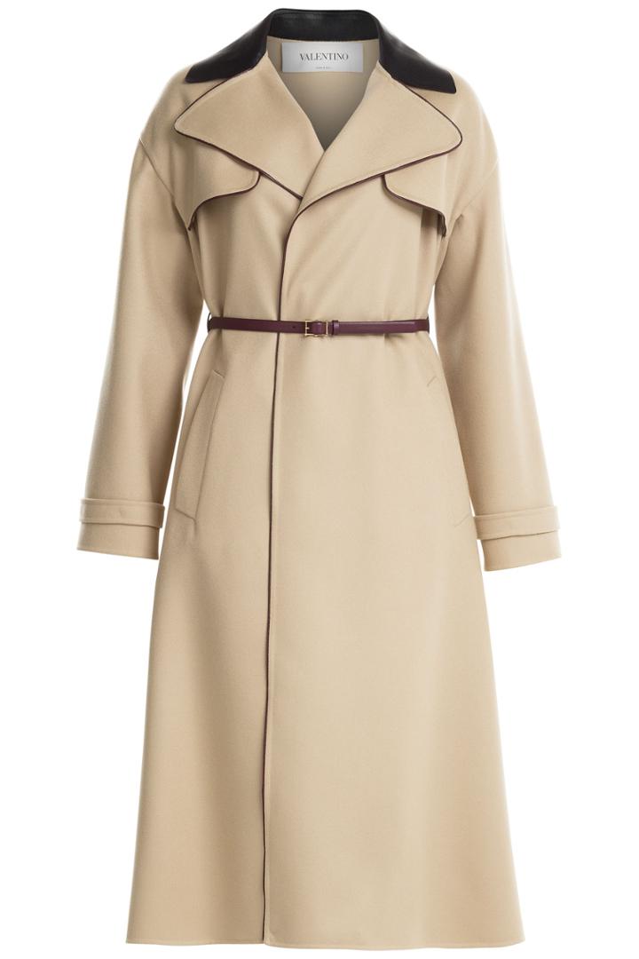 Valentino Valentino Wool Coat With Leather Trim - Beige