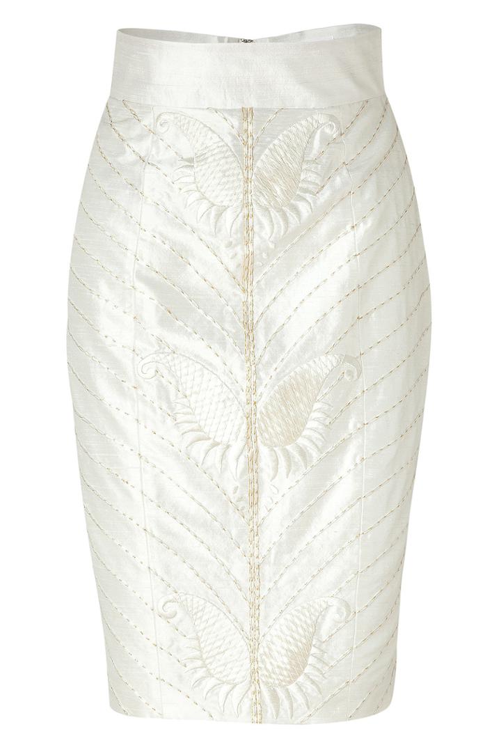 L'wren Scott L'wren Scott Cream Art Deco Embroidered Silk Pencil Skirt
