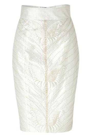 L'wren Scott L'wren Scott Cream Art Deco Embroidered Silk Pencil Skirt
