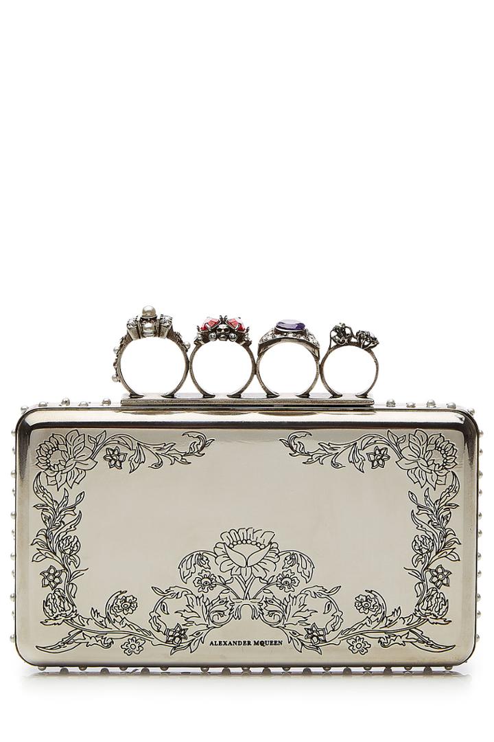 Alexander Mcqueen Alexander Mcqueen Embossed Metal Clutch With Embellished Knuckles - Silver