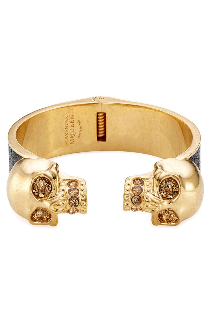 Alexander Mcqueen Alexander Mcqueen Embellished Skull Bangle With Leather - Gold