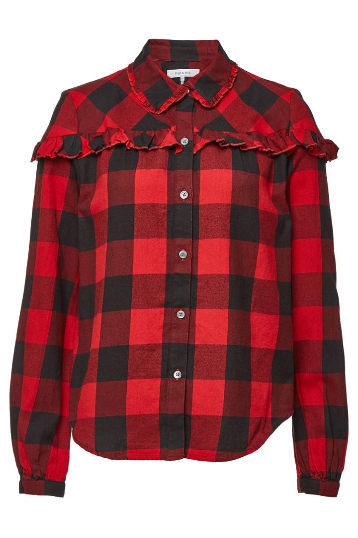 Frame Denim Frame Denim Cotton Flannel Ruffle Check Button Down Shirt