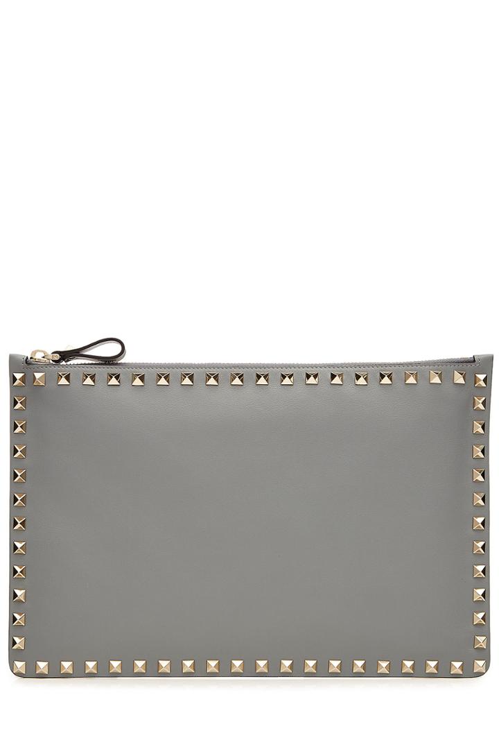 Valentino Valentino Leather Rockstud Large Flat Clutch - Grey