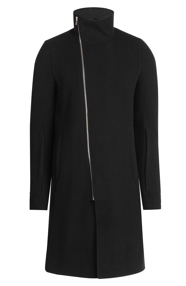 Rick Owens Men Wool Coat With Asymmetric Zipper