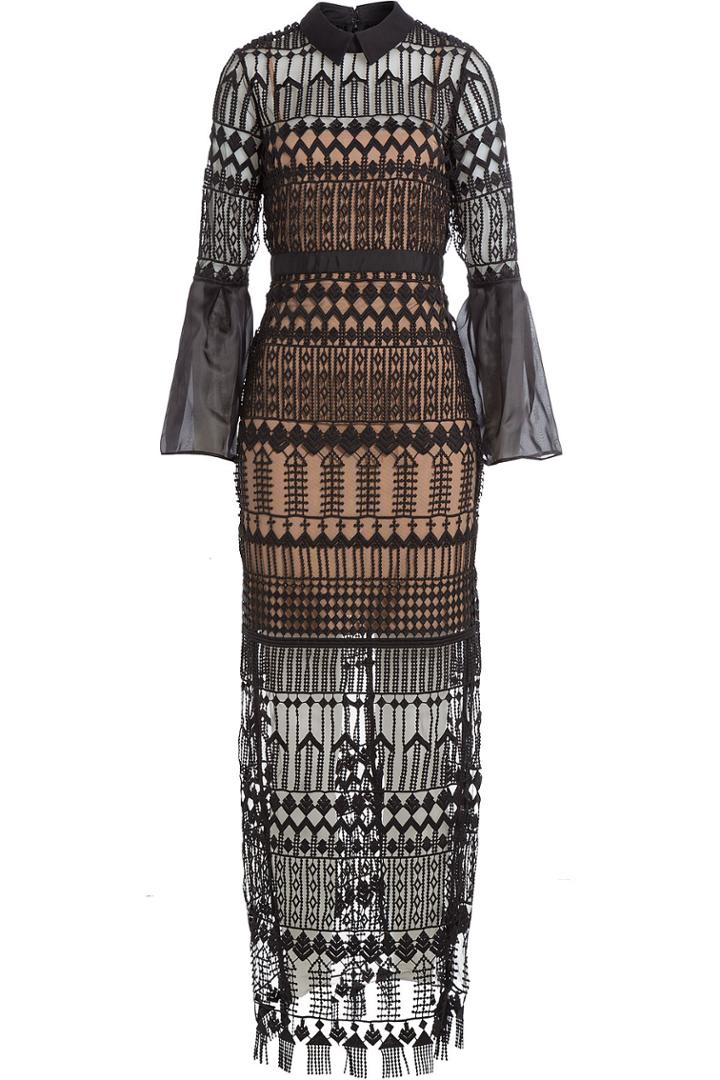 Self-portrait Self-portrait Bell Sleeved Art Deco Guipure Dress - Black