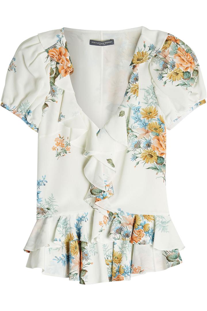 Alexander Mcqueen Alexander Mcqueen Printed Ruffle Silk Blouse