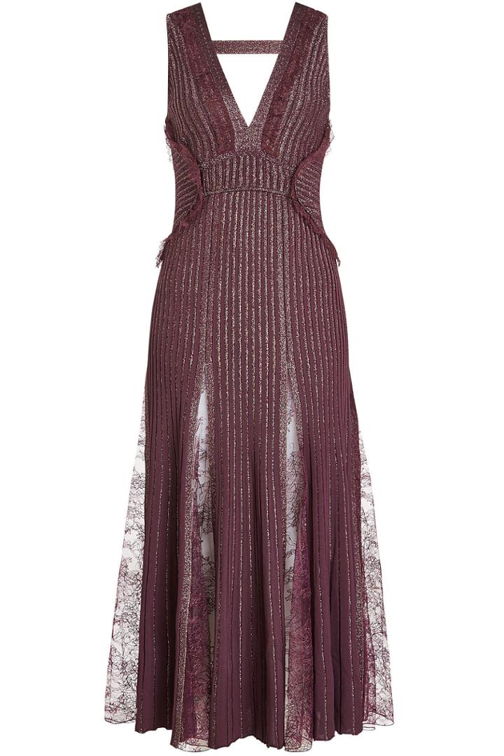 Elie Saab Elie Saab Floor Length Gown With Pleats, Lace And Metallic Thread