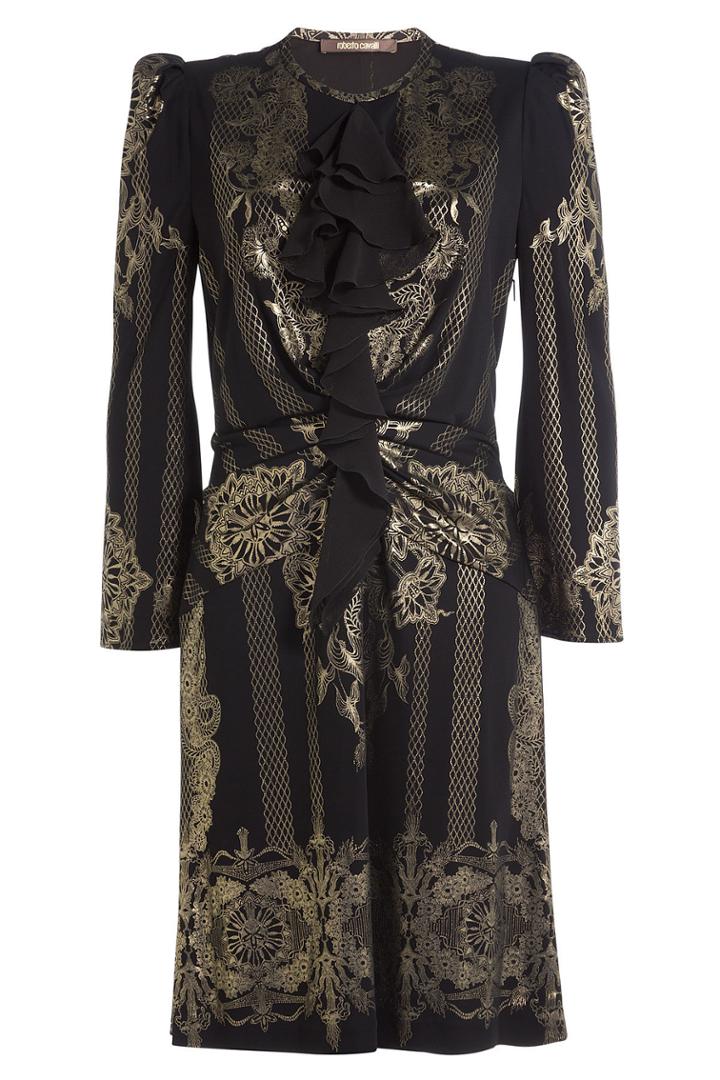 Roberto Cavalli Roberto Cavalli Dress With Ruffles And Metallic Gold Print - Black