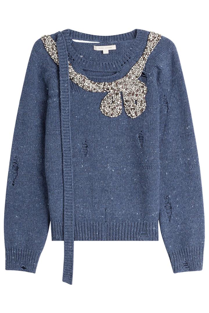 Marc Jacobs Marc Jacobs Distressed Embellished Wool/cashmere Pullover - Blue