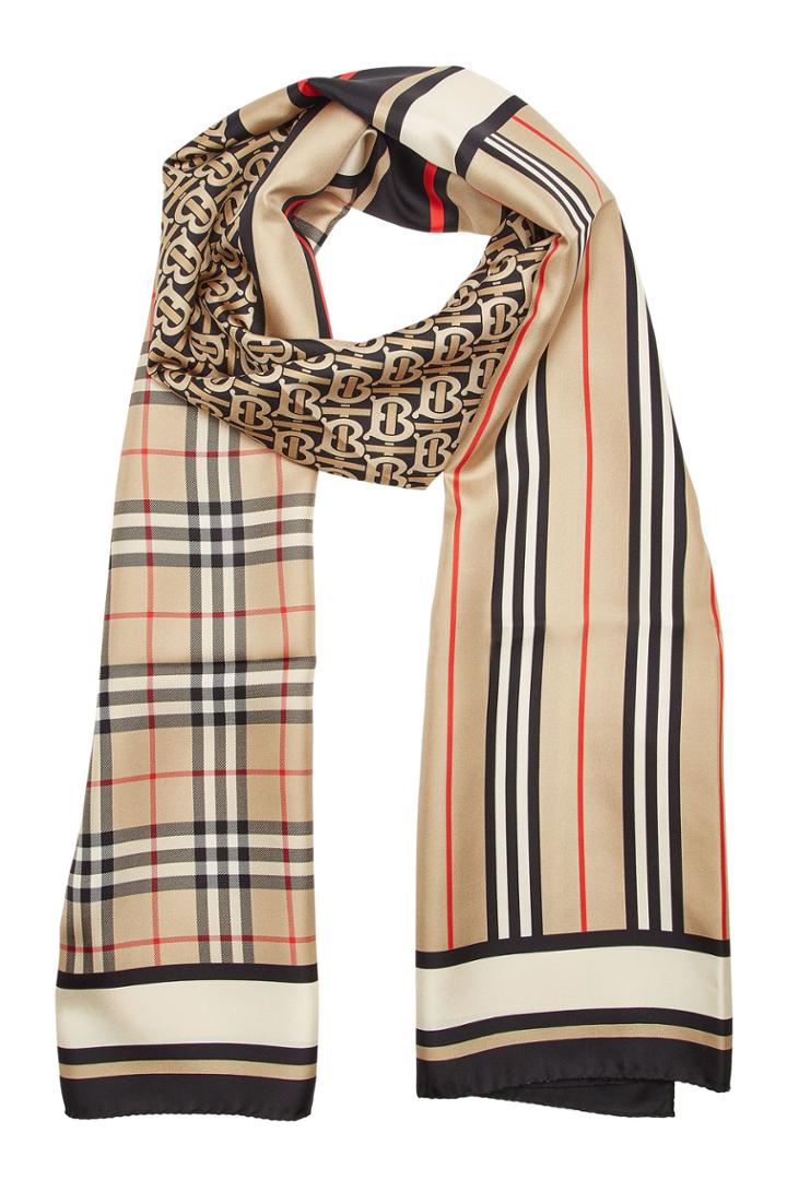 Burberry Burberry Monogram, Icon Stripe And Check Print Silk Scarf