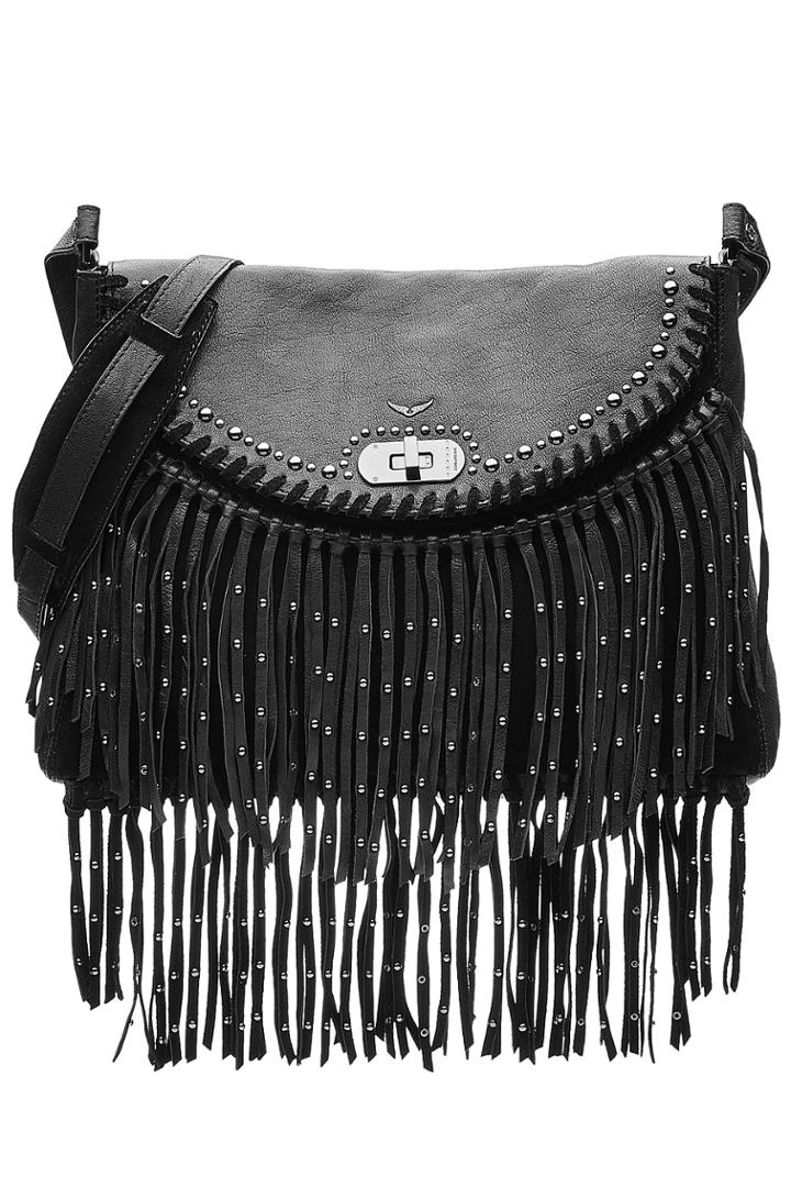 Zadig & Voltaire Zadig & Voltaire Embellished Leather Shoulder Bag With Suede Fringe - Black