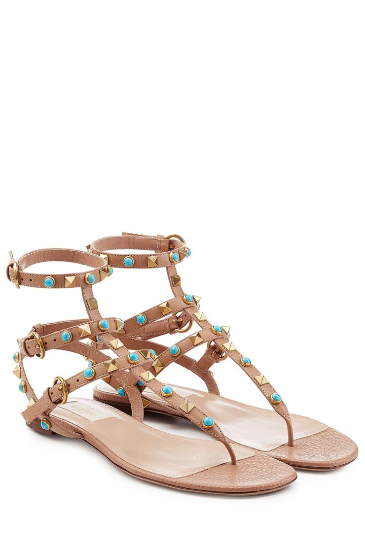 Valentino Valentino Rolling Rockstud Embellished Leather Sandals - Beige
