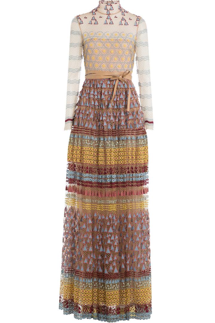 Valentino Valentino Embroidered Floor Length Gown With Belt - Multicolored