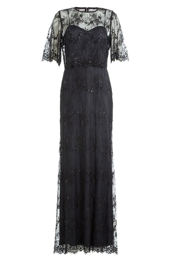 Catherine Deane Catherine Deane Floor Length Dress With Embellished Lace Overlay Top - Black