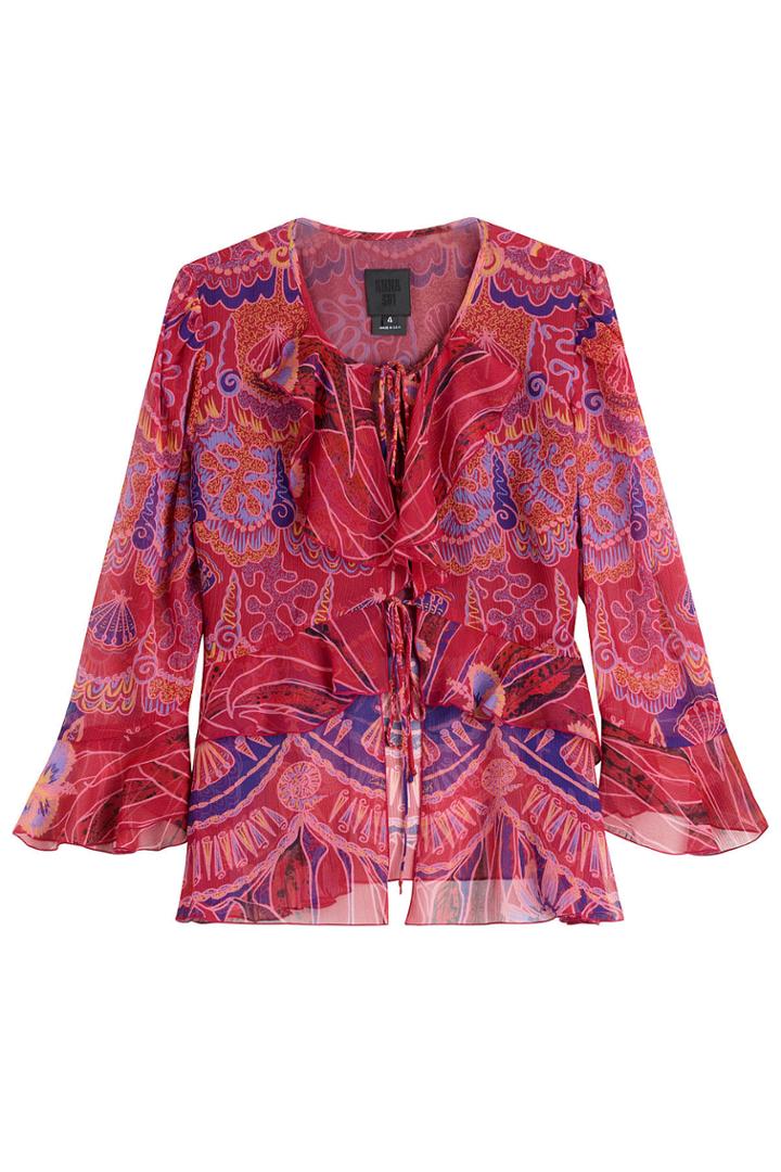 Anna Sui Anna Sui Shell Print Silk Top With Ruffle Trim
