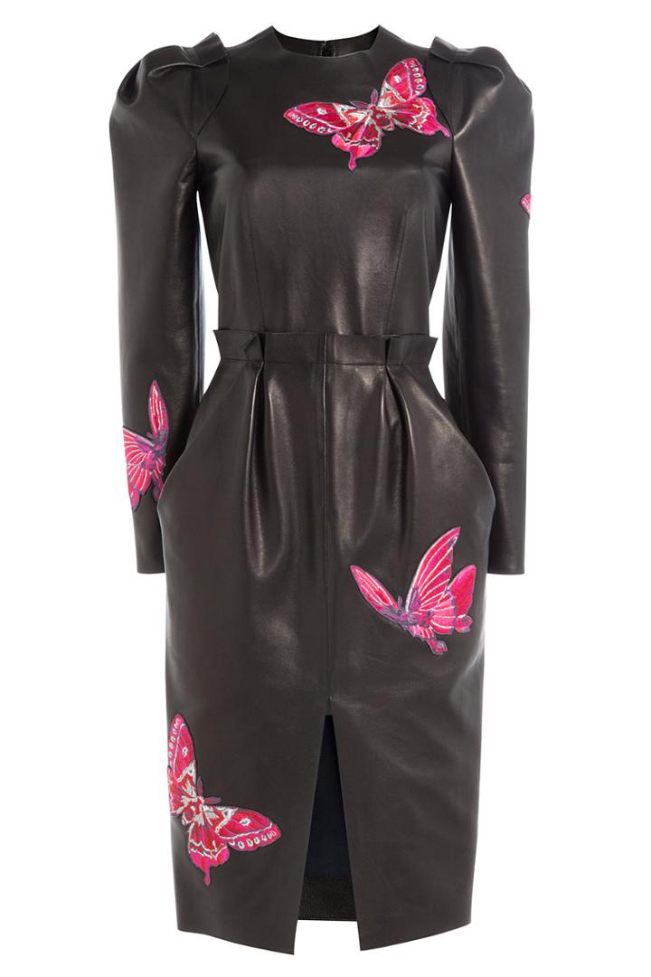 Alexander Mcqueen Alexander Mcqueen Leather Dress With Embroidered Butterflies - Black