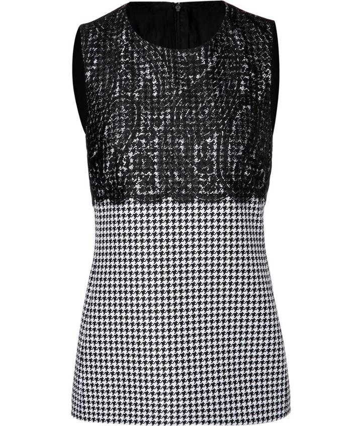 Michael Kors Wool Houndstooth Shell With Lace Overlay