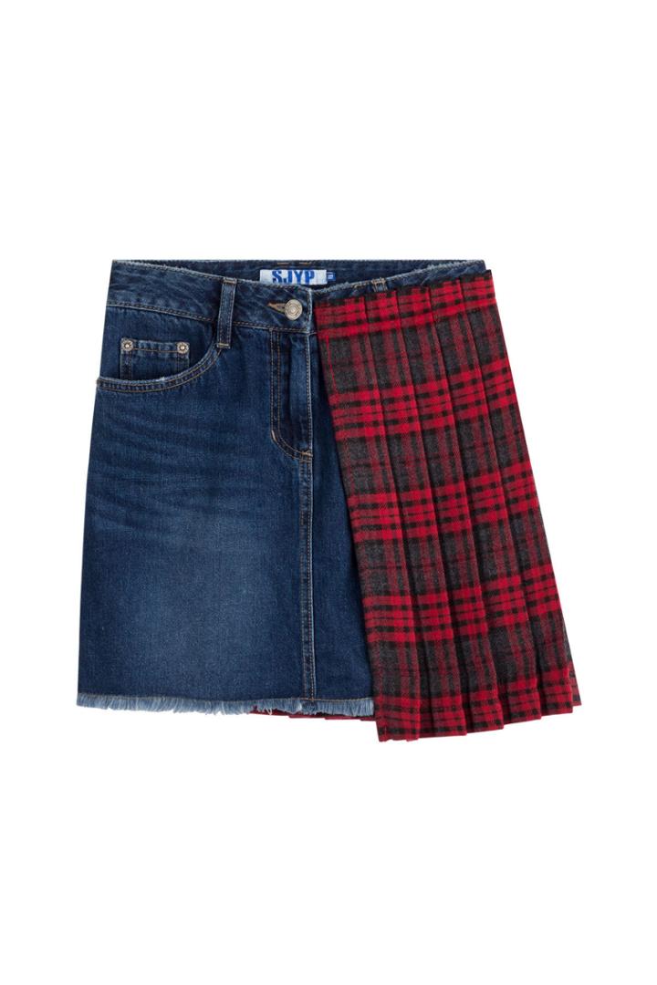 Sjyp Sjyp Denim Skirt With Pleated Tartan Panel