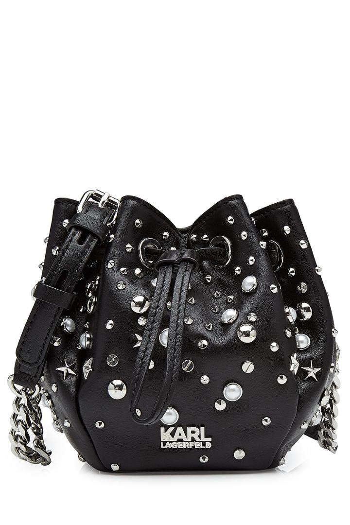 Karl Lagerfeld Karl Lagerfeld Embellished Leather Drawstring Bag - Black