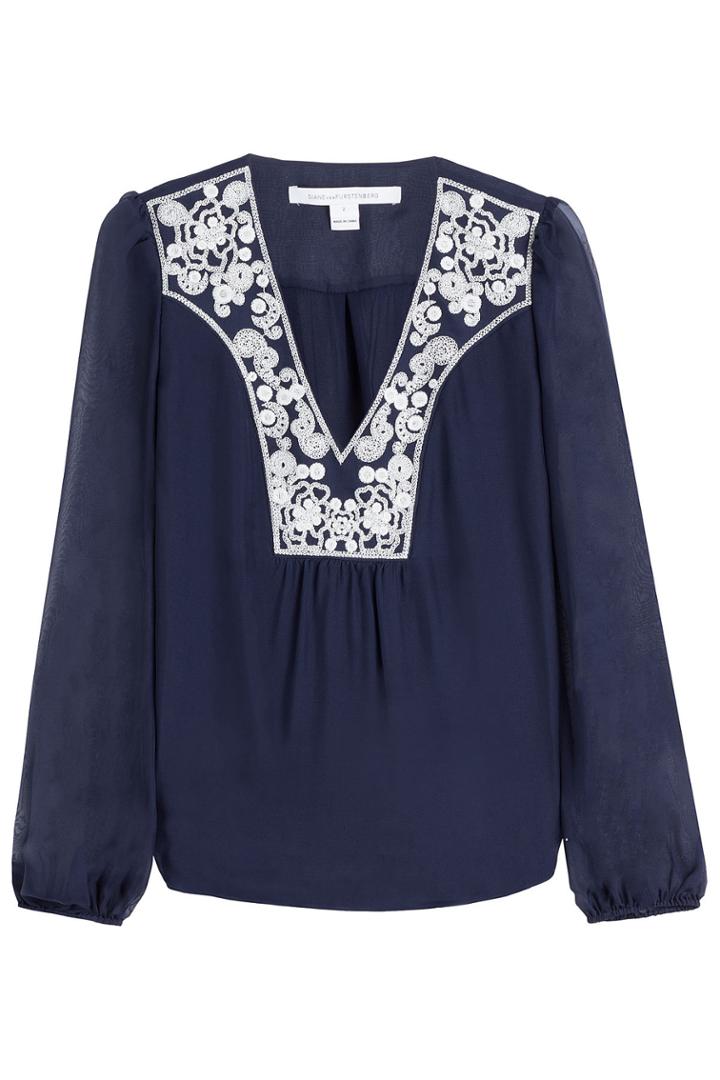 Diane Von Furstenberg Diane Von Furstenberg Embroidered Silk Long Sleeve Top