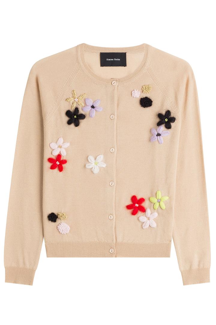 Simone Rocha Simone Rocha Merino Wool-silk-cashmere Cardigan With Floral Appliqué - Camel