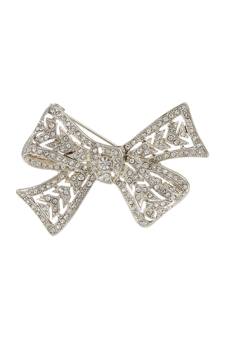 Kenneth Jay Lane Kenneth Jay Lane Crystal Embellished Bow Brooch - Silver