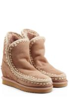 Mou Mou Eskimo Wedge Short Sheepskin Boots With Embroidery - Camel