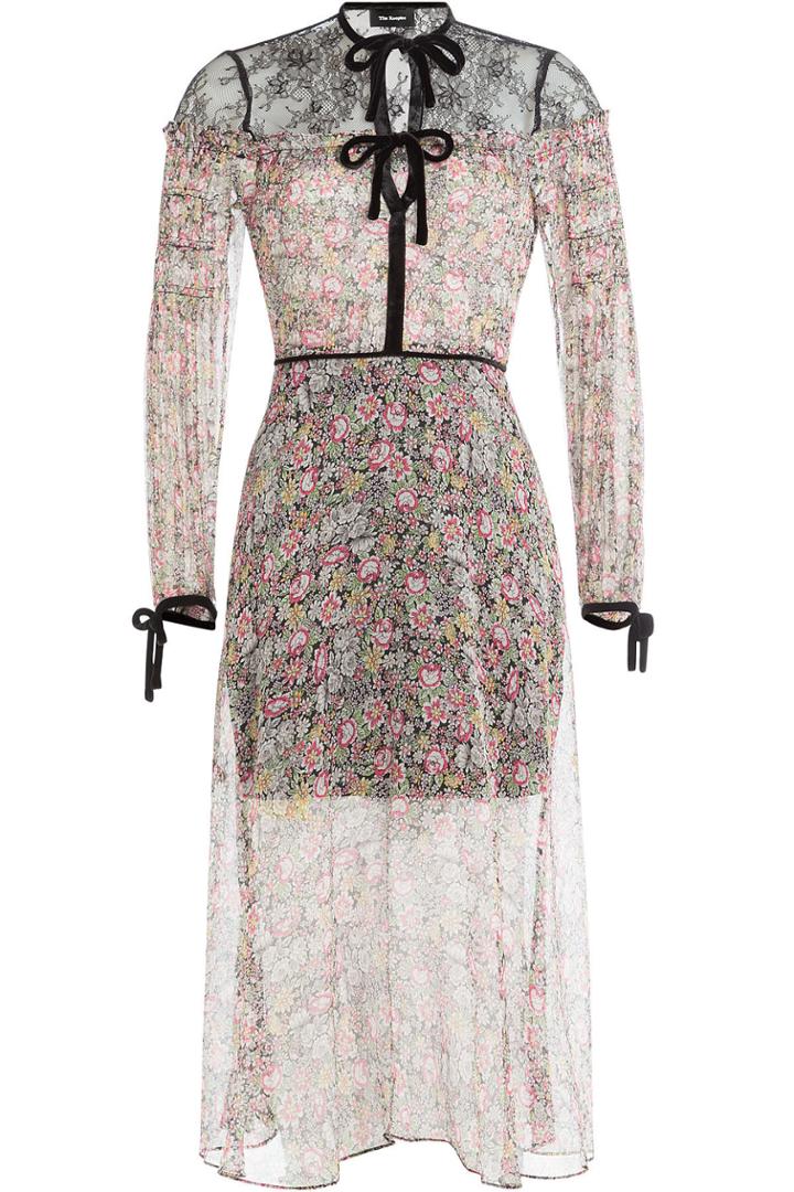 The Kooples The Kooples Printed Silk Dress With Lace And Velvet - Multicolored