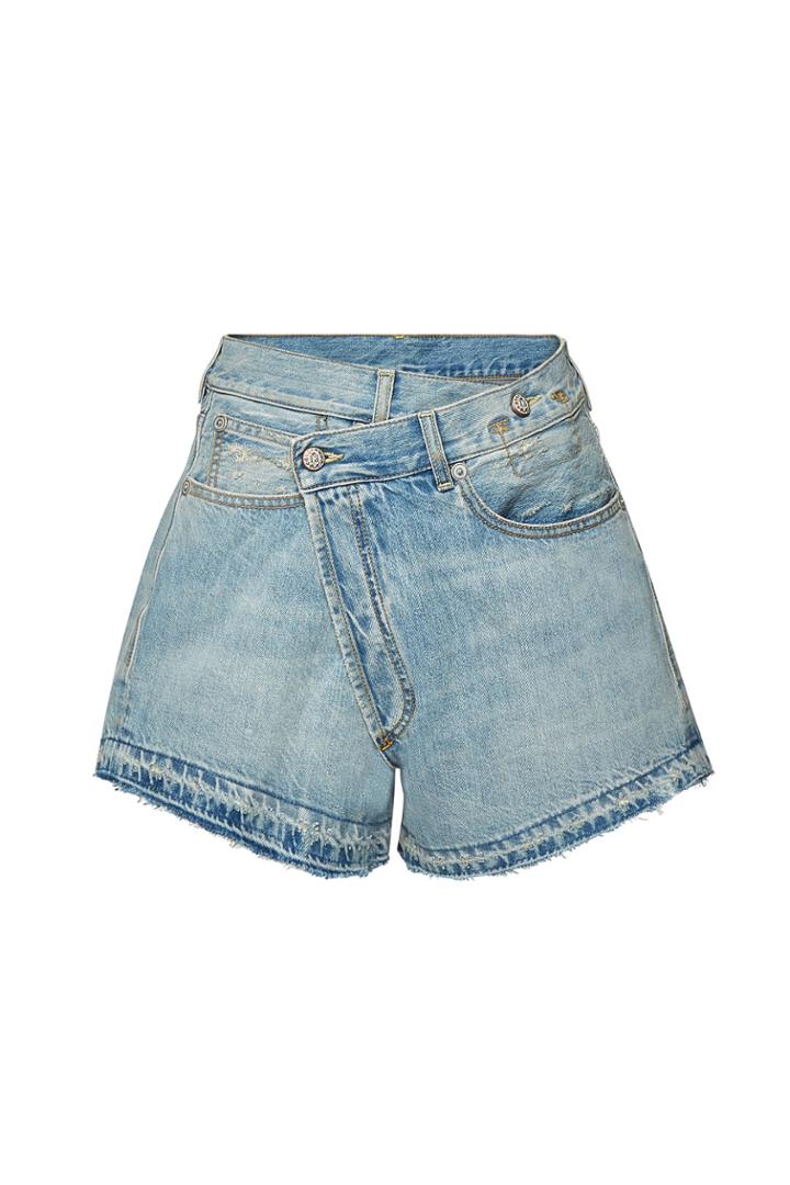 R13 R13 Crossover Denim Shorts With Distressed Detail