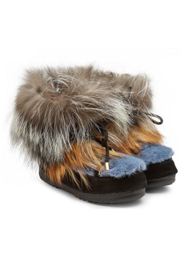 Yves Salomon X Moon Boot Yves Salomon X Moon Boot Suede And Leather Short Boots With Fox And Mink Fur