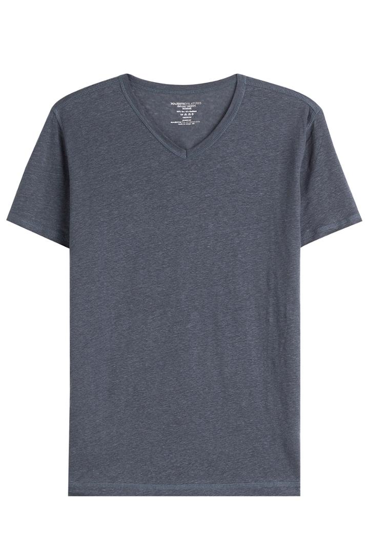 Majestic Majestic Linen T-shirt With V-neckline - Blue