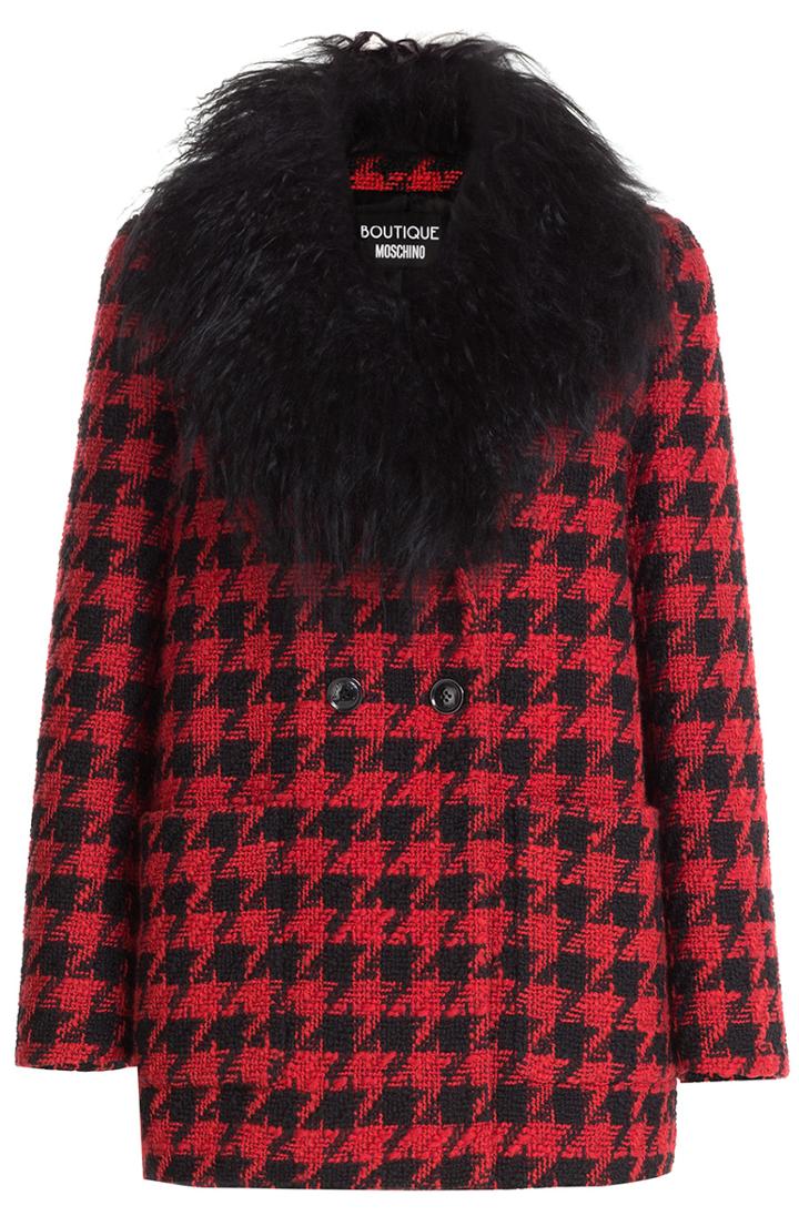 Boutique Moschino Dogstooth Wool Coat With Shearling Collar