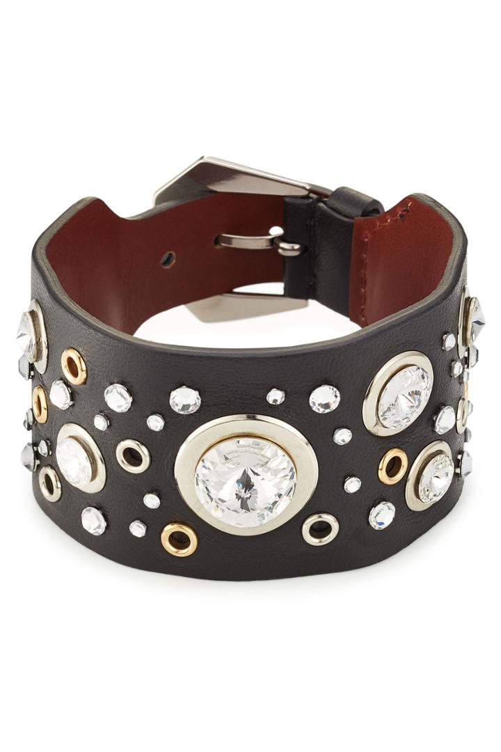 Alexander Mcqueen Alexander Mcqueen Crystal Embellished Leather Cuff - Black