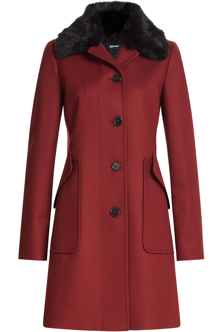 Jil Sander Navy Jil Sander Navy Wool Coat With Faux Fur Collar - Red