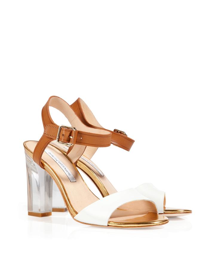 Diane Von Furstenberg White/brown/platinum Leather Sandals With Clear Heel