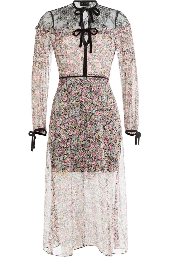 The Kooples The Kooples Printed Silk Dress With Lace And Velvet - Florals