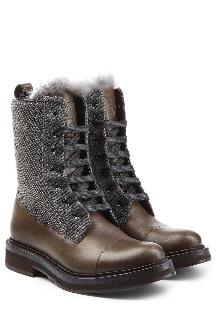 Brunello Cucinelli Brunello Cucinelli Leather Ankle Boots With Tweed - Brown