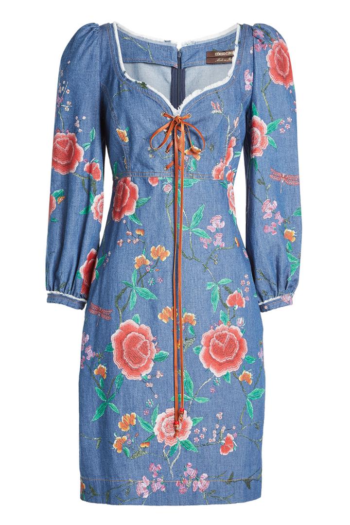 Roberto Cavalli Roberto Cavalli Embroidered Denim Lace-up Dress
