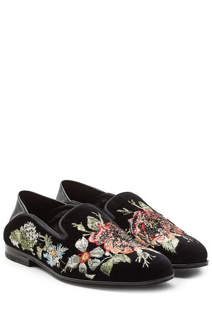 Alexander Mcqueen Alexander Mcqueen Embroidered Velvet Slippers With Leather