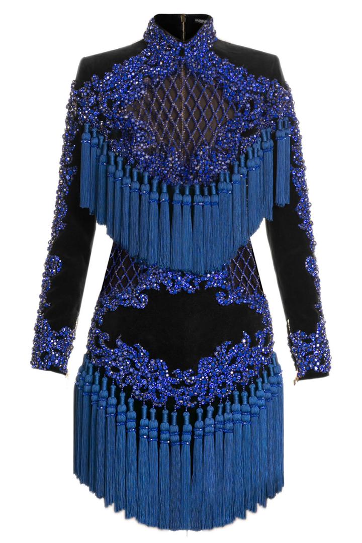Balmain Balmain Embellished Velvet Mini Dress - Blue