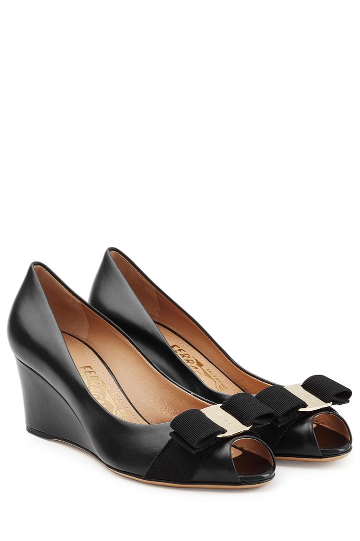 Salvatore Ferragamo Salvatore Ferragamo Leather Peep Toe Wedges - Black